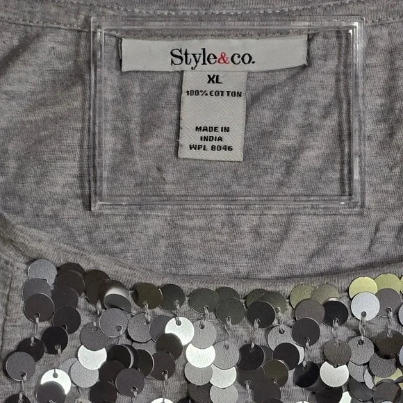 STYLE & CO Womens XL Gray Silver Sequin Front Detail Long Sleeve Tunic Top - Picture 2 of 3